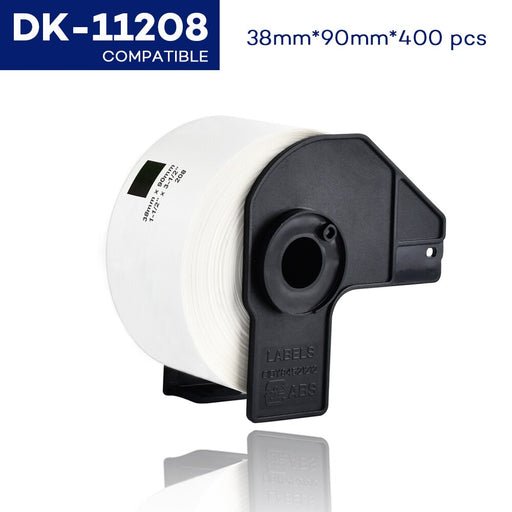 image reads "dk-11208 compatible" with image of labels on a roll and dimensions of "38 millimetres * 90 millimetres * 400 pieces